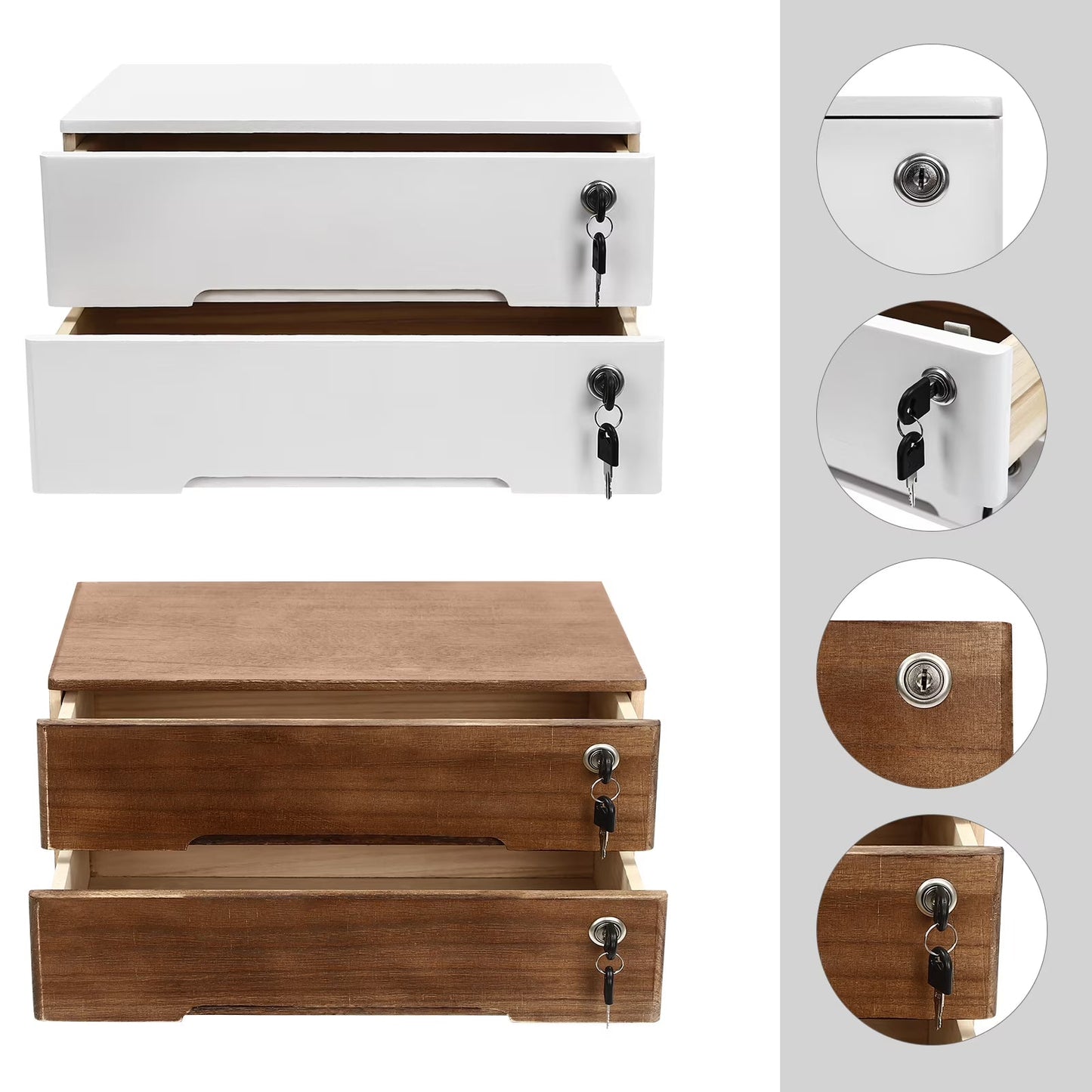 Wooden Desktop Storage Box, 2-Drawer Organizer with Lock