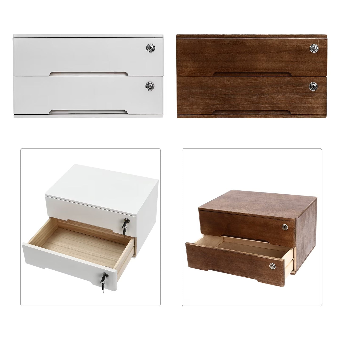 Wooden Desktop Storage Box, 2-Drawer Organizer with Lock
