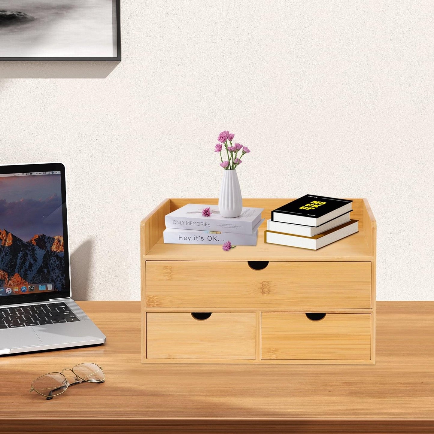 Bamboo Desktop Organizer with 3 Drawers.