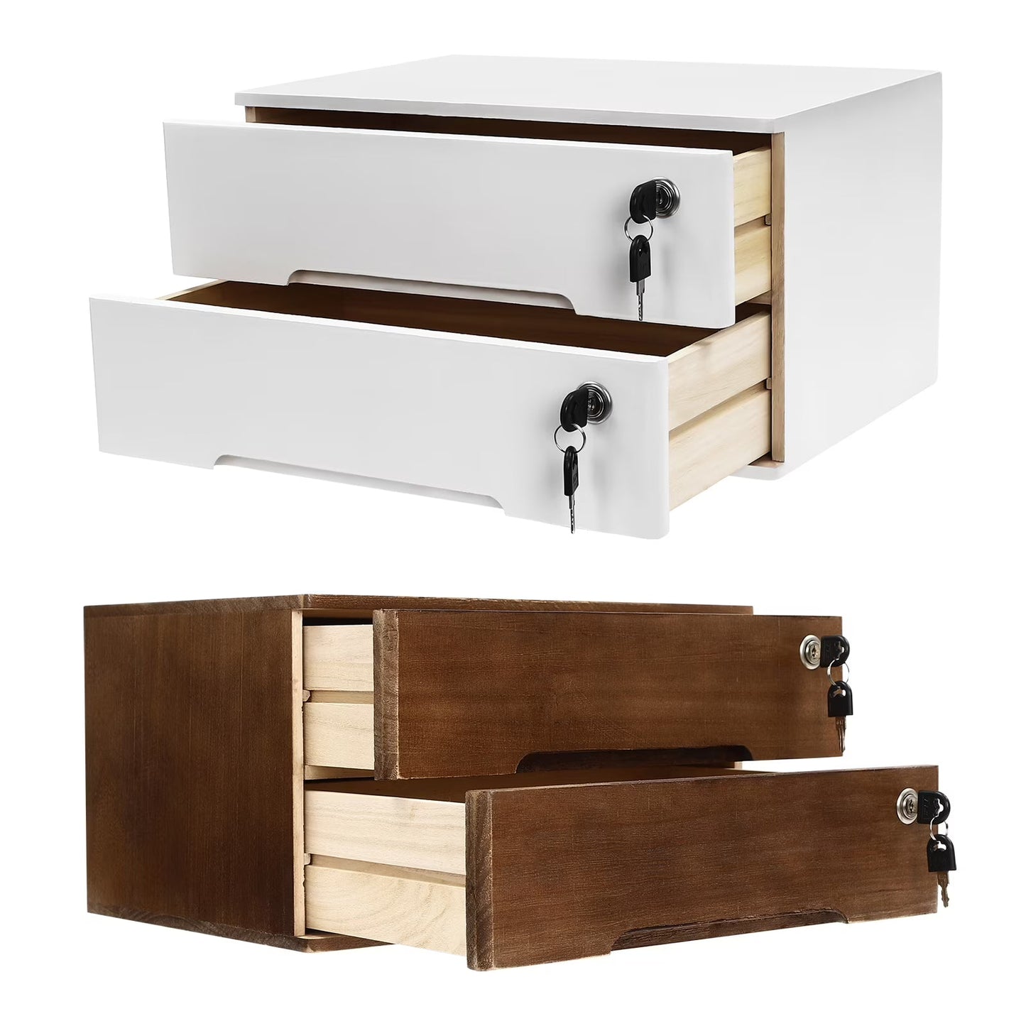 Wooden Desktop Storage Box, 2-Drawer Organizer with Lock